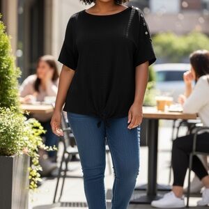 New York Laundry Black Tie-Front Short Sleeve Tee
